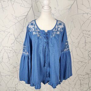Style & Co Floral Lace Panel Cotton Bell Sleeve Peasant Top